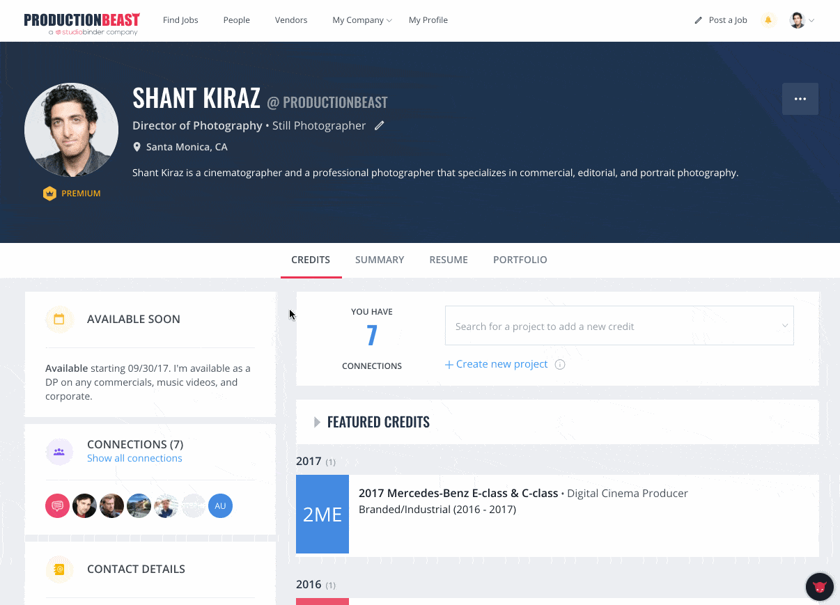 StudioBinder Acquires ProductionBeast - New UI - Profile Page Redesign